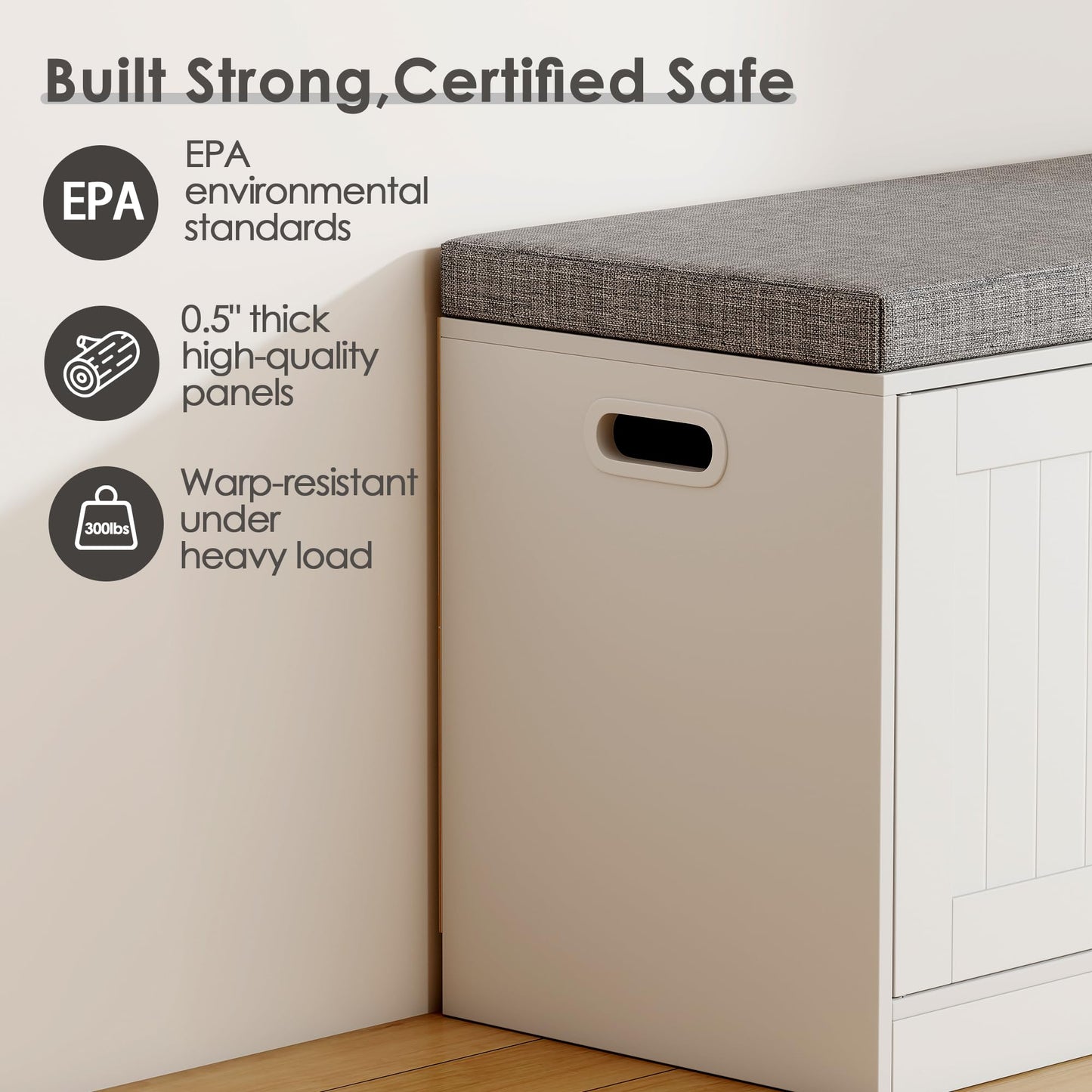 Suuiwau 3-Tier Shoe Storage Bench with Adjustable Shelf, Large Capacity Entryway Shoe Bench with Thickened Padded Seat Cushion and 3 Doors for Entry, Bedroom, Hallway (White,42.5 * 14in)