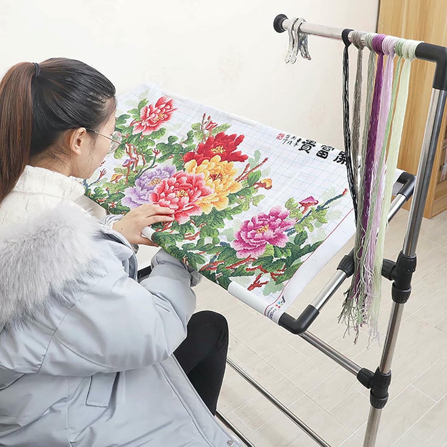 Embroidery Stand - Height Adjustable Floor Frame for Versatile Needlework, Cross Stitch & Sewing - Convenient Lap Table Holder for Art Craft~/