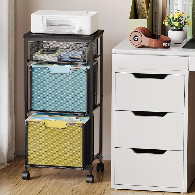 Sbanmao 3 Drawer Mobile File Cabinet for Home Office, Rolling Filing Cabinet on Lockable Wheels, Hanging File Folders Organizer, Utility Cart Storage and Organizer, Printer Stand, Black