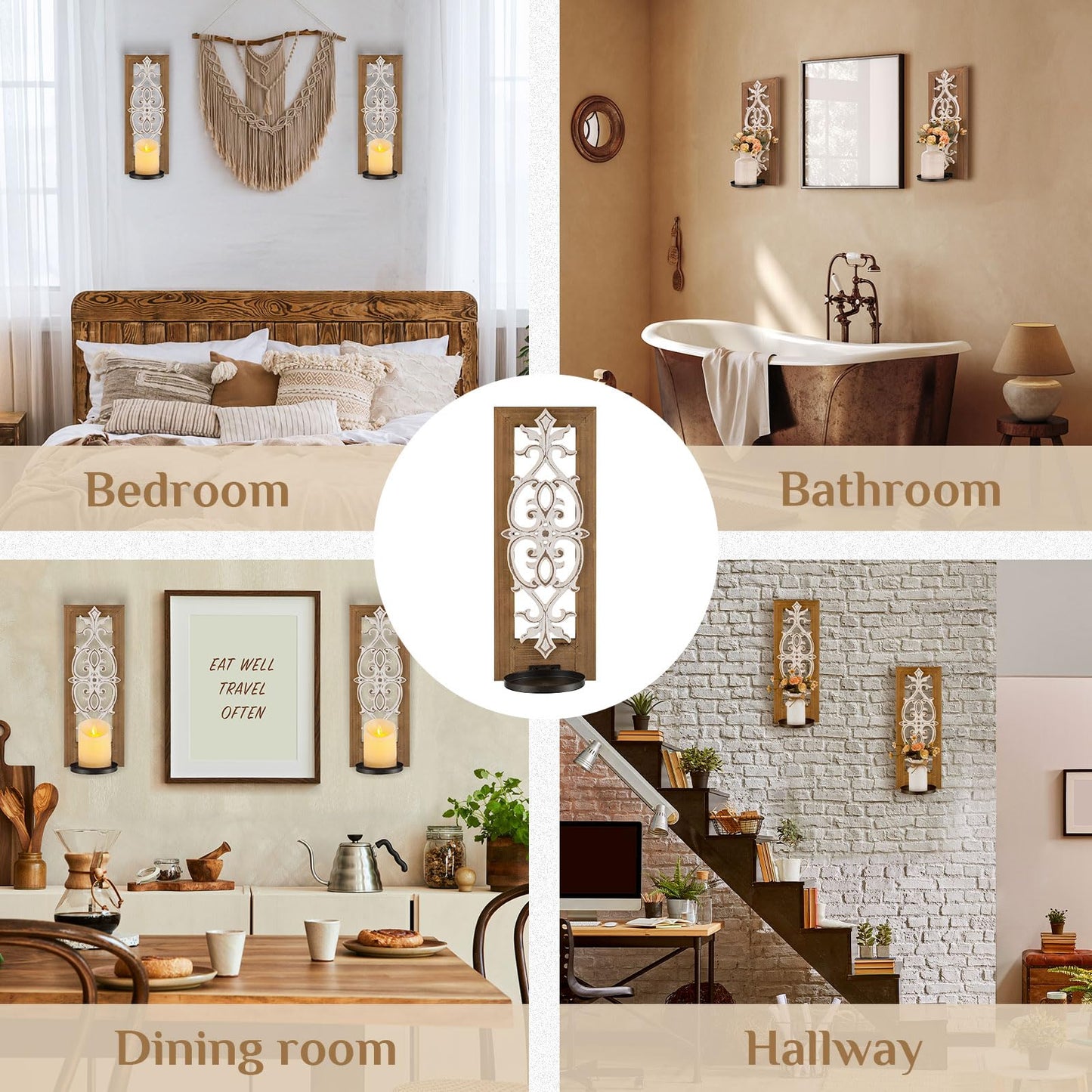 Farmhouse Wood Candle Sconces Wall Decor - Set of 2 Walasis Rustic Wall Candle Holder Decorative Carved Brown Candle Sconce Farmhouse Art Distressed Pillar Candles Holder for Fireplace Decor