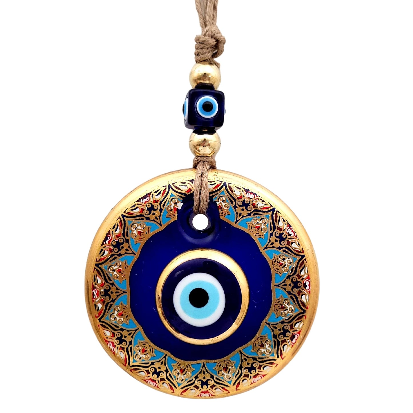 Candymosa 4.3" Glass Blue Evil Eye Wall Hanging Floral Design Gold Ornament - Home Protection Charm - Evil Eye Wall Decor - Turkish Nazar Amulet