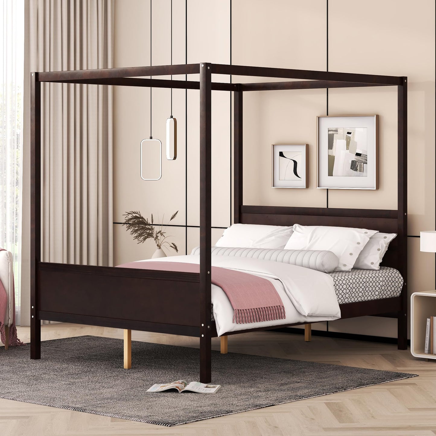Merax Queen Size Canopy Bed with Headboard and Footboard, Solid Wood 4 Posters Platform Bed with Slat Support Leg, No Box Spring Needed, Espresso