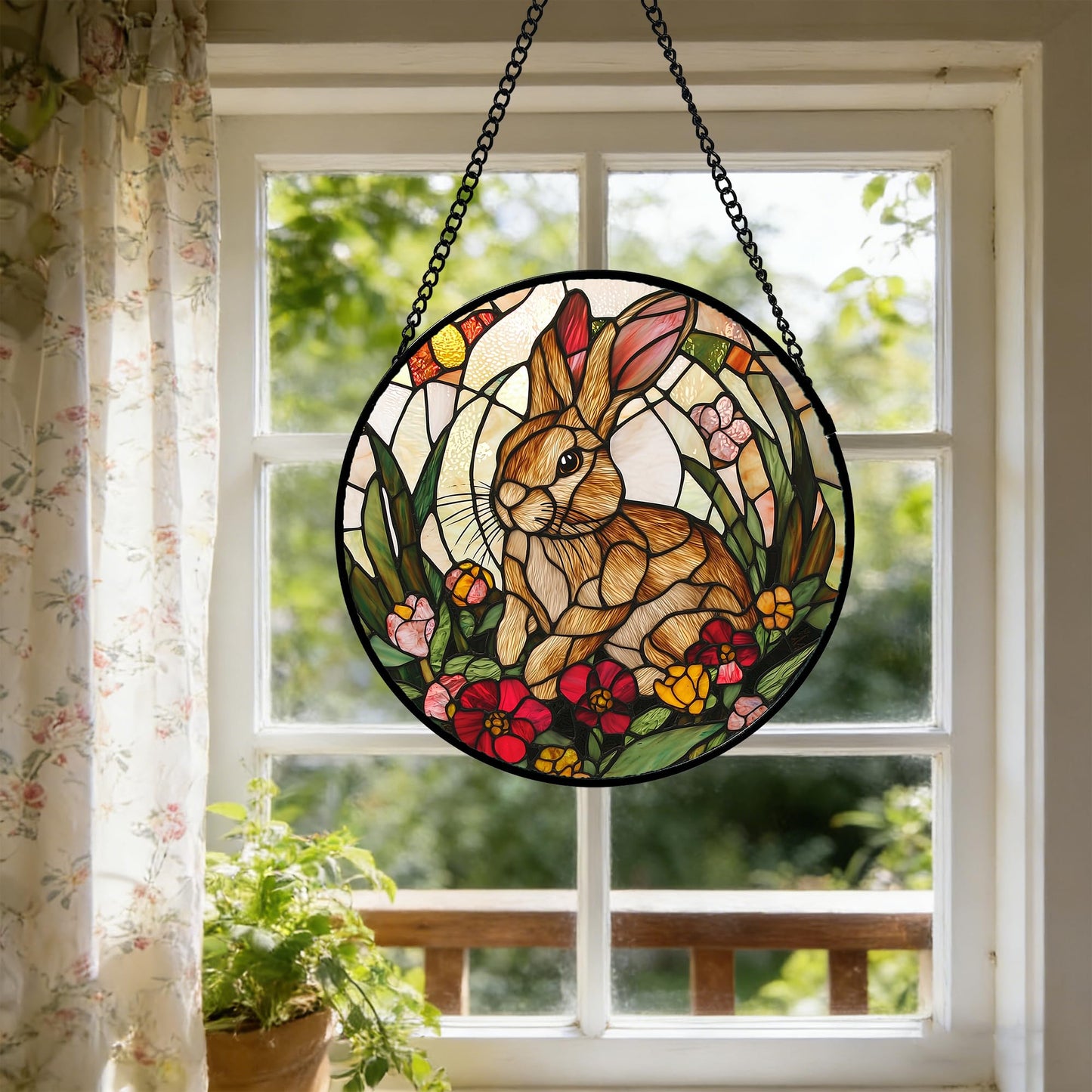AMDERVEN Stained Glass Window Hanging, Cute Bunny Flowers Sun Catcher for Window Door Home Decor, Rabbit Suncatcher Christmas Mother's Day Birthday Gifts for Women Men Mom and Nana 6.3 in