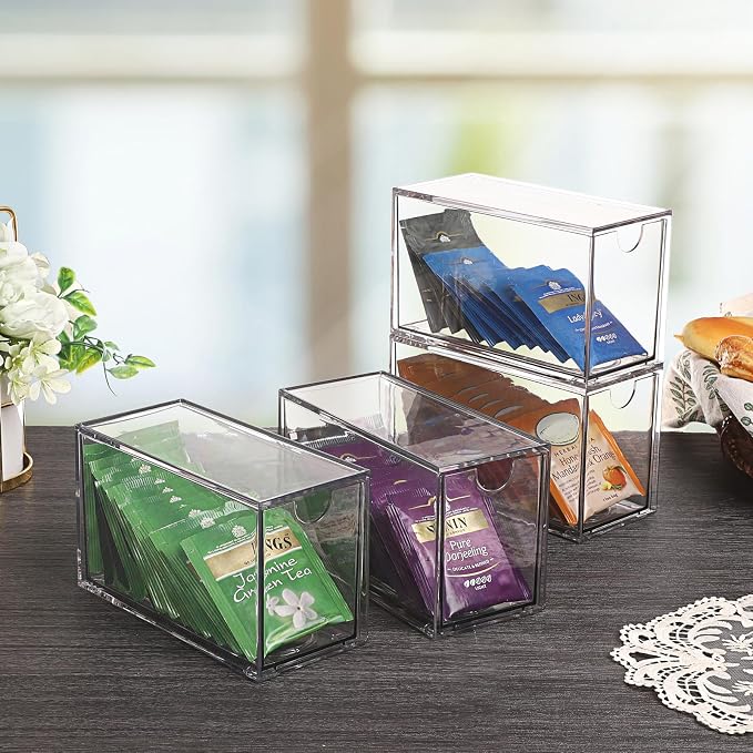 ELLDOO 4 Drawers Tea Bag Organizer, Clear Acrylic Stackable Tea Bag Storage Holder for Kitchen Pantry, Coffee Pod Snack Storage for Countertop Cabinet