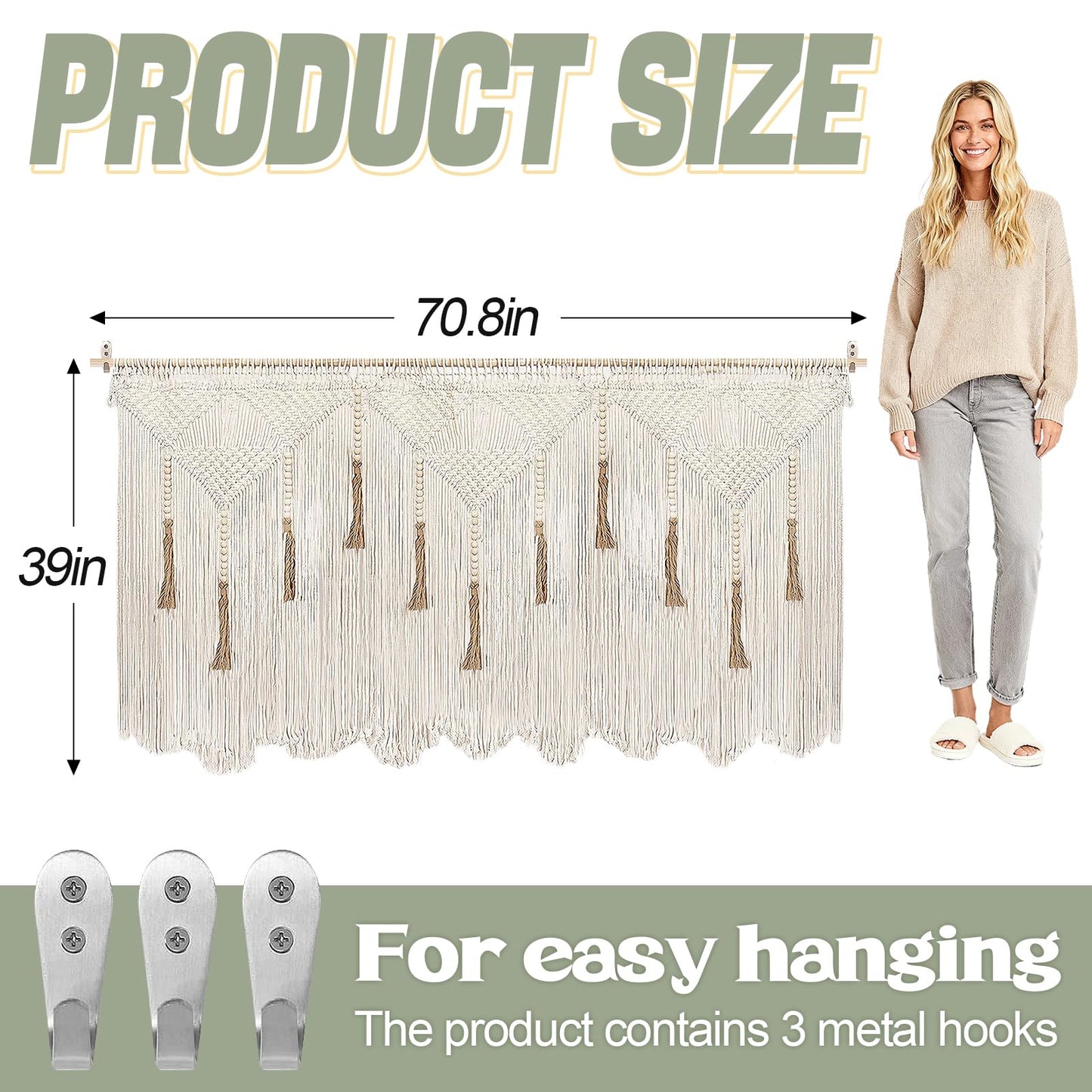 Extra Large Macrame Wall Hanging 70.8" × 39" Boho Tapestry Woven Decor- Cotton Tassel Curtain Beige Chic Bohemian Wall Art for Home Living Room Bedroom Dorm Wedding (Includes Rod)