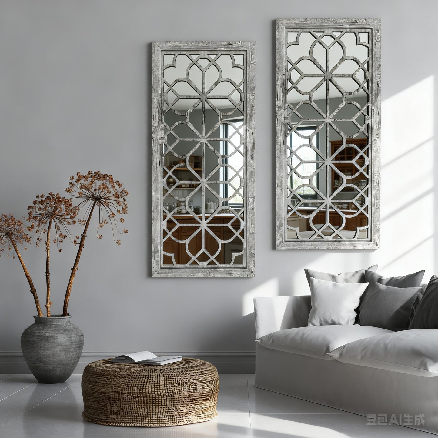 HMANGE Set of 2 13x30 Inch Large Grey Shatterproof Carved Floral Wood Frame Wall Mirrors, Boho Farmhouse Rustic Accent Mirrors for Living Room Bedroom Bathroom & Home Decor