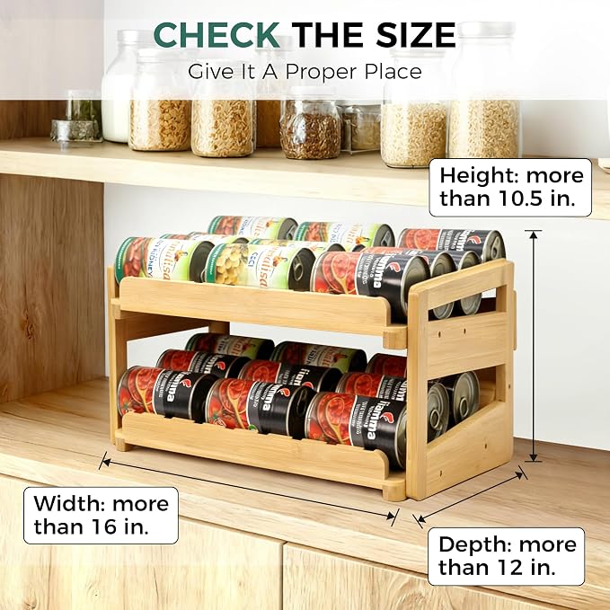MinBoo Adjustable Can Organizer Rack, Two Tier Bamboo Stackable FIFO Cans Dispenser, Modern Style, Countertop, Assembly Required, Anti Shedding