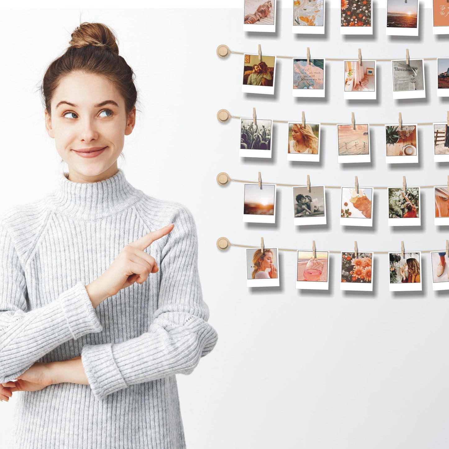 BIZYAC Hanging Photo Display Room Wall Decor - Sculptural Picture Frames Collage - 5 Strings with 30 Clips - 3M Self Adhesive Hooks - No Holes Drilling - 30 x 30 inch