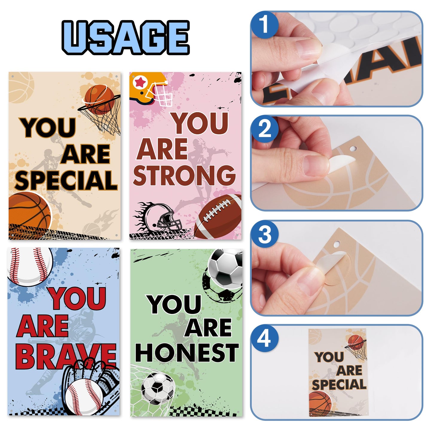 4 Pcs Sports Bedroom Inspirational Wall Decor Sign for Kids, Soccer Basketball Baseball Rugby Decor, Art Inspired Hanging Signs Boys Girls Kids Nursery School Nursery School