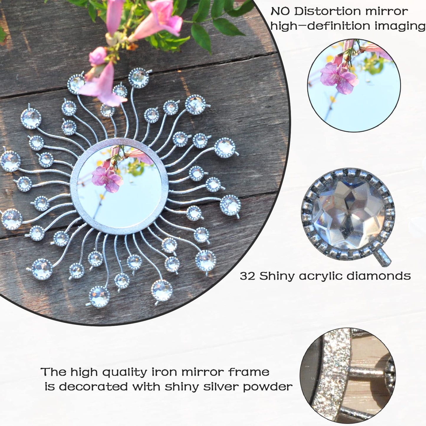 Mirror Wall Decor Metal Sun Mirror Home Decoration Wall Art Decorative Suitable for Living Room Bedroom Bathroom Entryway