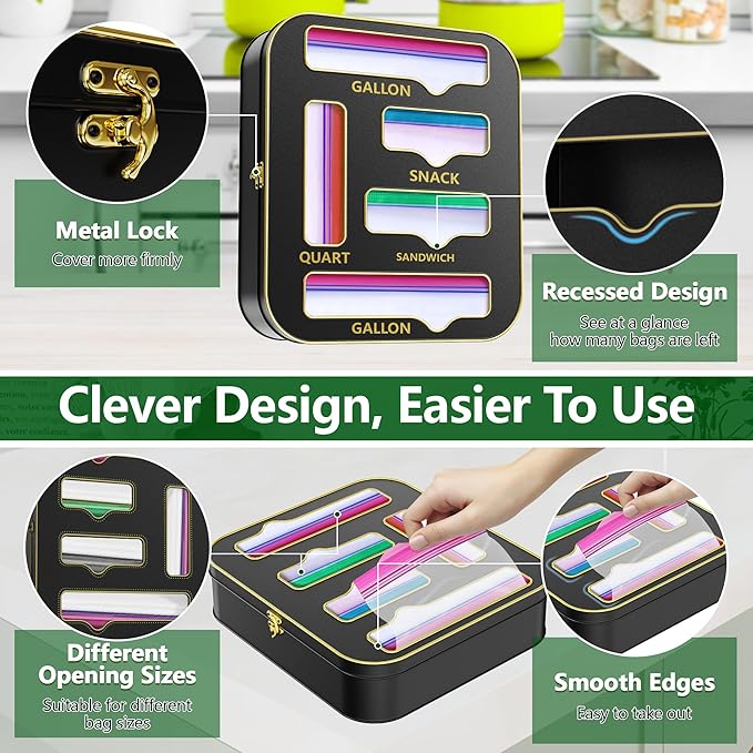 Metal Bag Storage Organizer Kitchen Drawer, Non-Marking Installation of Sandwich Bag Organizer, 5 in 1 Baggie Organizer for Drawer for Gallon, Quart, Snack(Black)