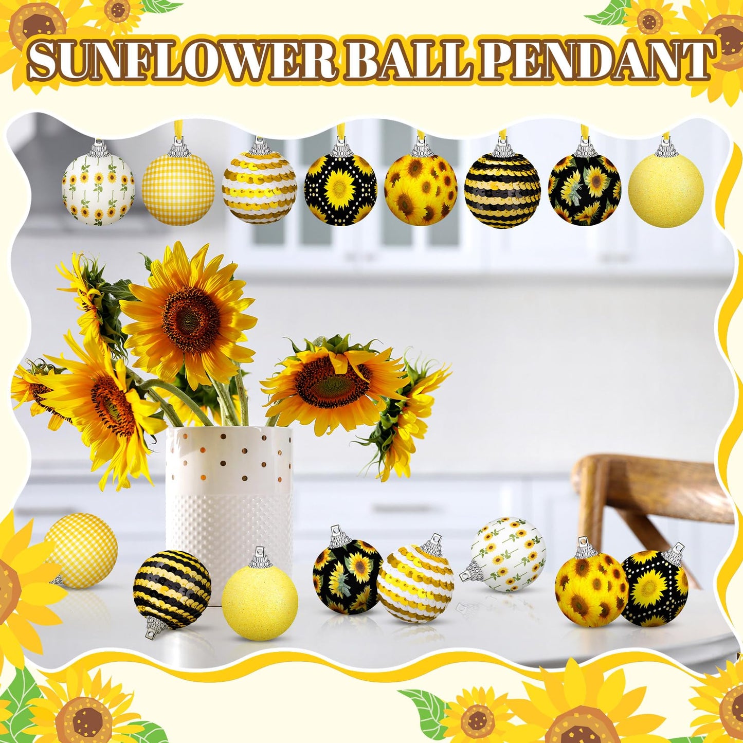Zeyune 16 Pcs Sunflower Tree Ornaments Summer Decorations for Small Tree Yellow Sequin Ball Ornaments Sunflower Hanging Decorations with Ropes for Summer Holiday Party Supplies(Cute)
