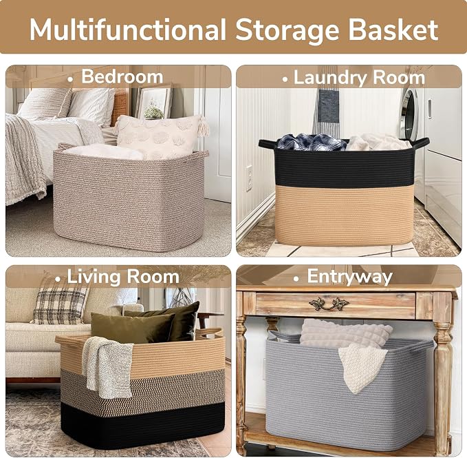 Goodpick 105L Extra Large Blanket Basket 25" x 16" x 16" Cotton Rope Storage Baskets for Organizing, Wicker Laundry Basket with Handles, Rectangle Woven Baskets for Storage, Black & Jute