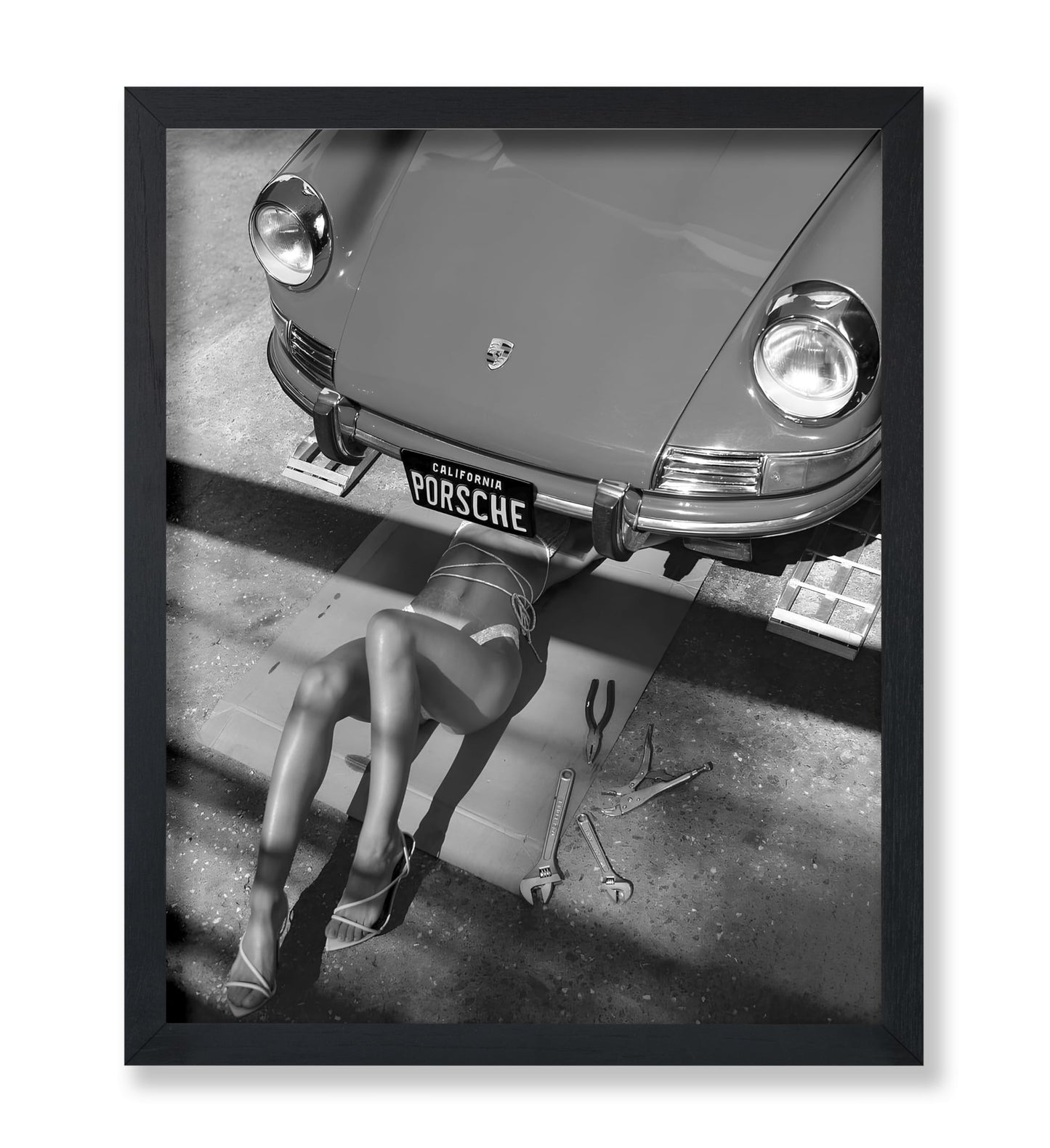 Poster Master Woman Classic Car Poster - Sexy Mechanic Print - Girly Car Enthusiast Art - Black and White Photography - Great Garage or Bedroom Decor - 8x10 UNFRAMED Wall Decor
