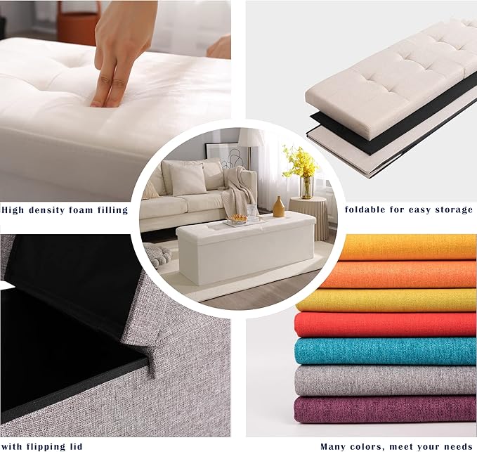 Storage Ottoman Bench Foldable Seat Footrest Shoe Bench End of Bed Storage with Flipping Lid, 75L Storage Space, 30 inches Linen Fabric Emerald, OT026DGN