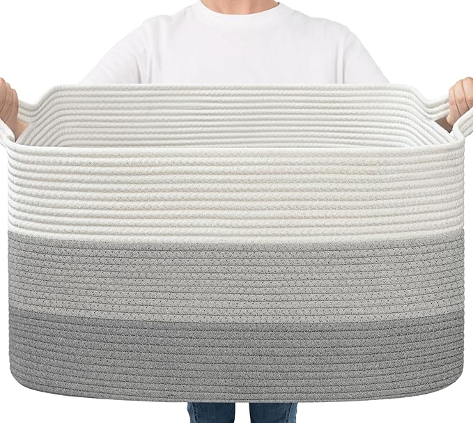 Goodpick Storage Basket, 21.6" x 14.9" x 11.8", Blanket Basket for Living Room, Large Woven Baskets for Storage, Toy Organizer, Rectangle Rope Baskets for Organizing, Gray