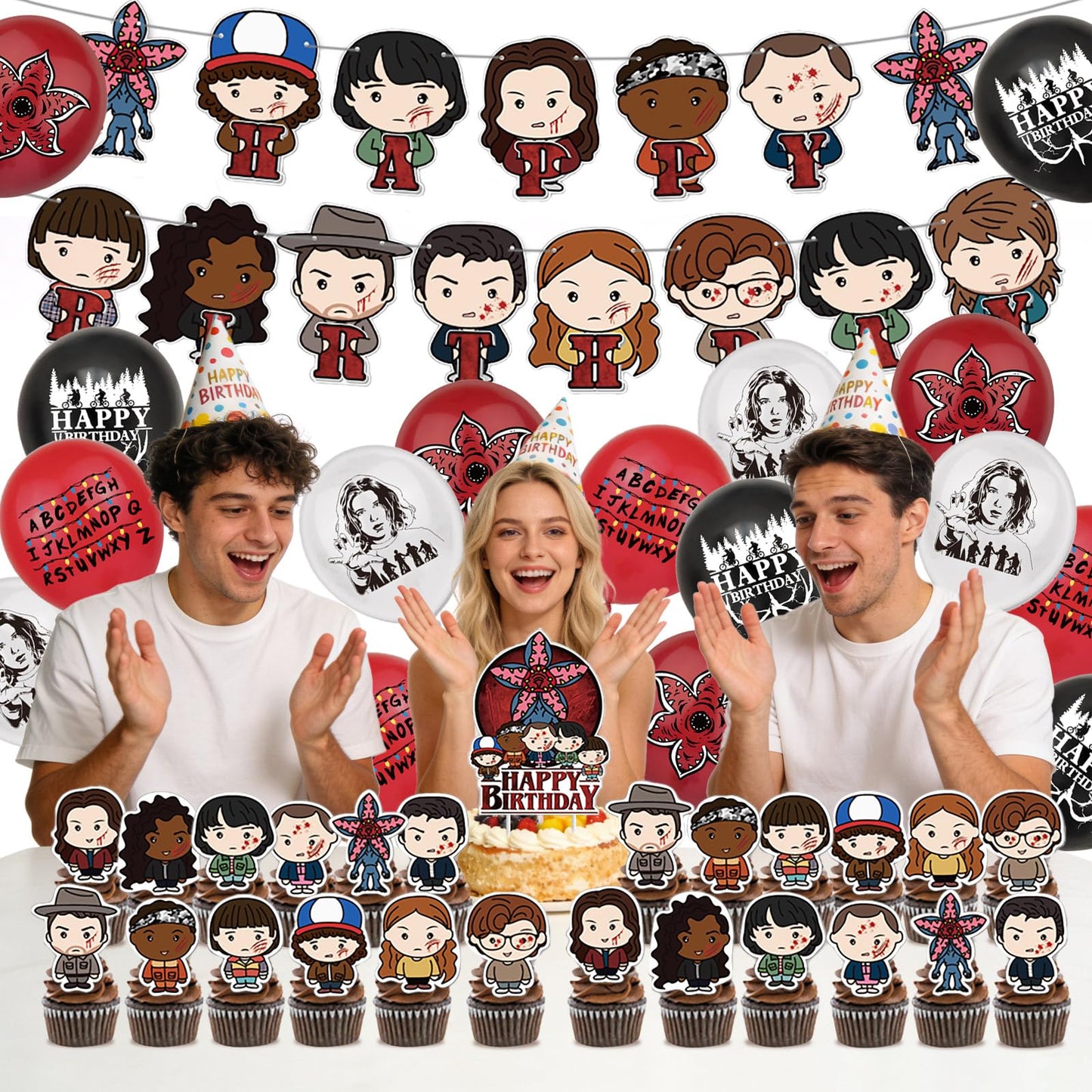 42 Pcs TV Series Theme Happy Birthday Decorations, Cute Cartoon Style Party Decorations, Includes Banners, Balloons, Cake Toppers, and Dessert Toppers
