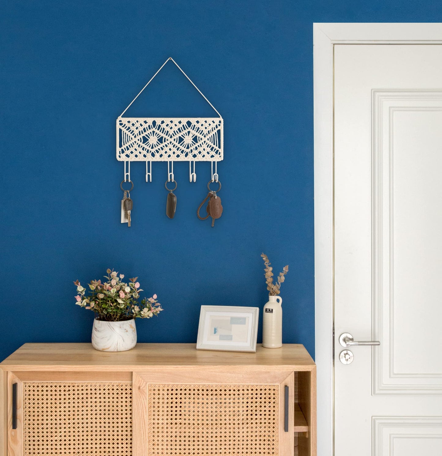 Mkono Key Holder for Wall Decorative Small Macrame Key Holder Boho Home Decor and Hanging Jewelry Organizer Wall Mounted Metal Necklace Holder Wood Shelf with 55 Holes and 7 Hooks Display Rack