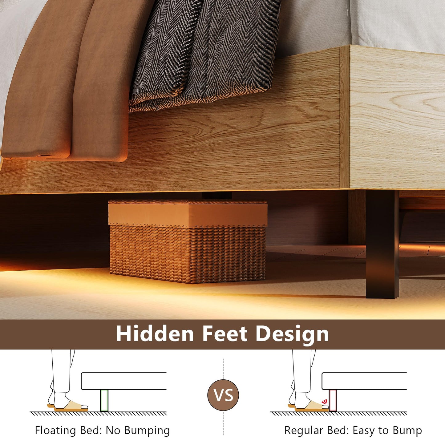 Einhomn Floating Bed Frame Full with 2-Tier Storage Velvet Fabric Upholstered Headboard, Wooden Platform Bed Frame w/Charging Station & LED Lights, Metal Slats Support, No Box Spring Needed, Natural
