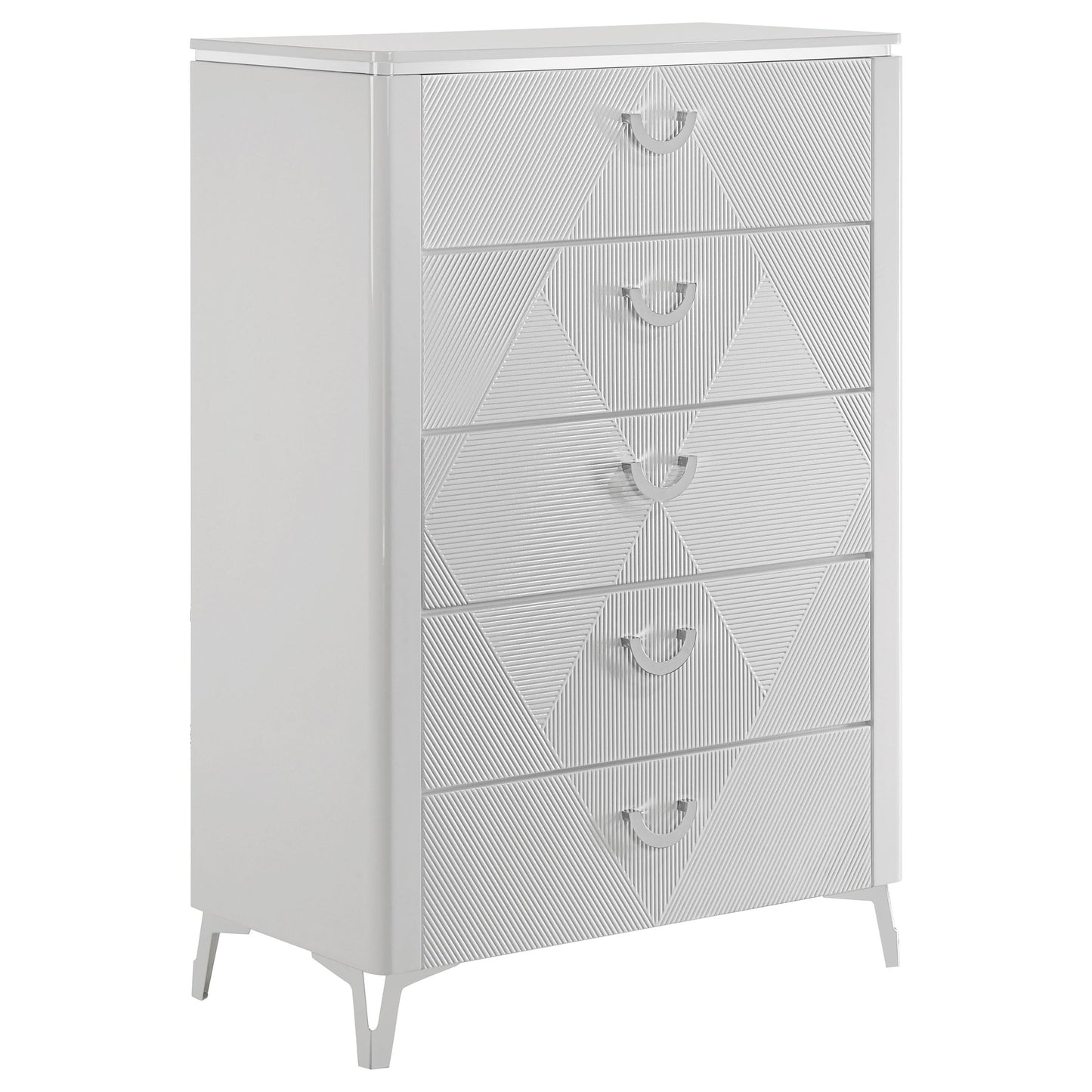 Coaster Home Furnishings - Cassia - Wood - 5-Drawer Chest with Black Felt-Lined Top, V-Patterns Front, U-Shaped Pulls, Tapered Legs and Contemporary Style - Bedroom - White High Gloss - 215795