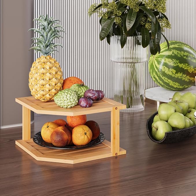 VERTORGAN Bamboo Corner Shelf,2 Tier Plate Organizer for Cabinet and Countertop,Pantry Dish and Spice Rack for Kitchen