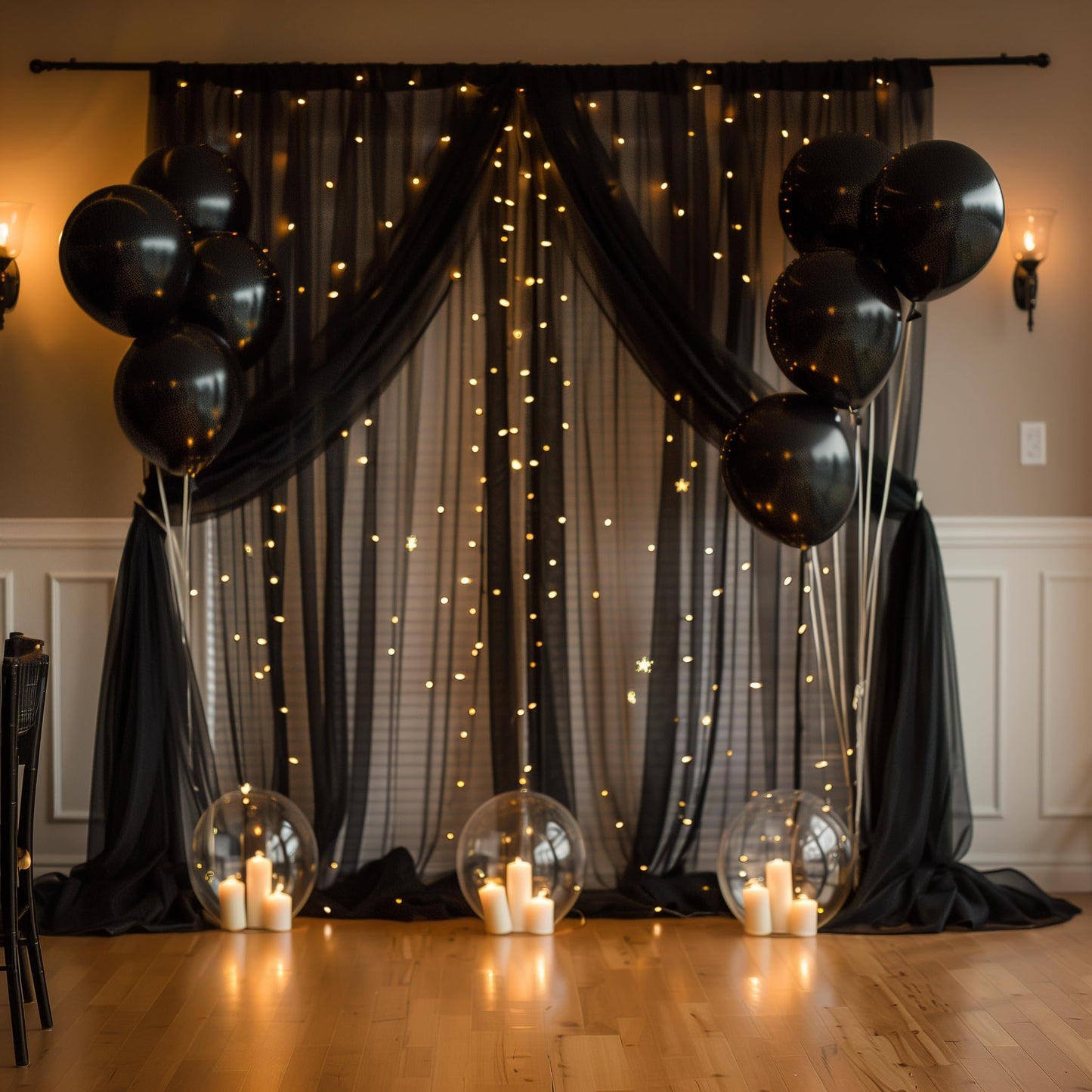 Xiomot Tulle Backdrop Curtain with Lights String 10FT X 8FT Black Sheer Tulle Backdrop Curtains for Wedding Birthday Party Reception Photo Booth Background Decorations (2 Panels 5x8FT)