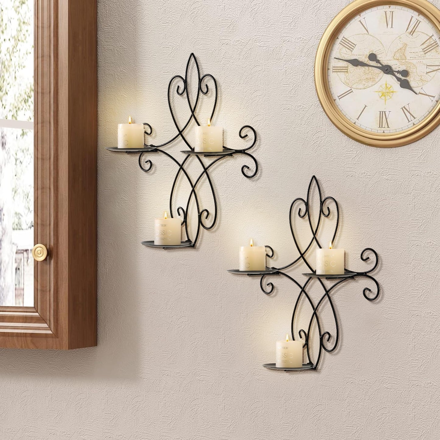 AHUONEL Wall Candle Sconce Holder Set of 2, Metal Wall Sconces Decor Hanging Wall Mounted Candle Stick Holder, Black Candlestick Holders Wall Decor for Bedroom Living Room Dining Room, 14.4"×11.8"
