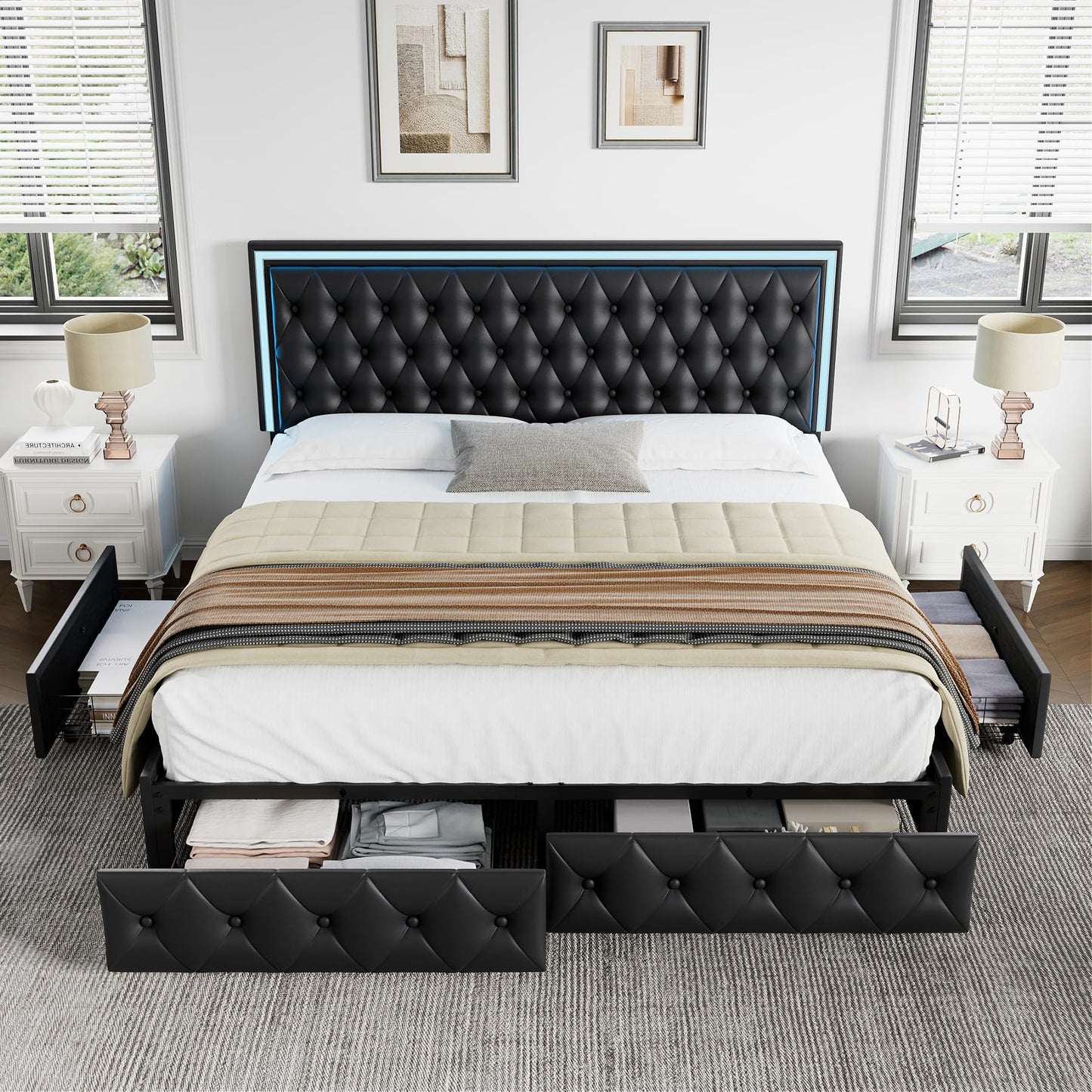 Keyluv Queen Upholstered LED Bed Frame with 4 Drawers, PU Leather Platform Storage Bed with Adjustable Button Tufted Headboard and Solid Wooden Slats Support, No Box Spring Needed, Black