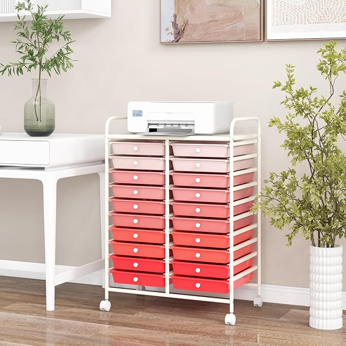 COSTWAY 20-Drawer Rolling Storage Cart, Utility Storage Organizer Cart for Tools, Scrapbook, Paper, Craft, Multipurpose Storage Trolley on Wheels for Home Office School, Mixed Pink