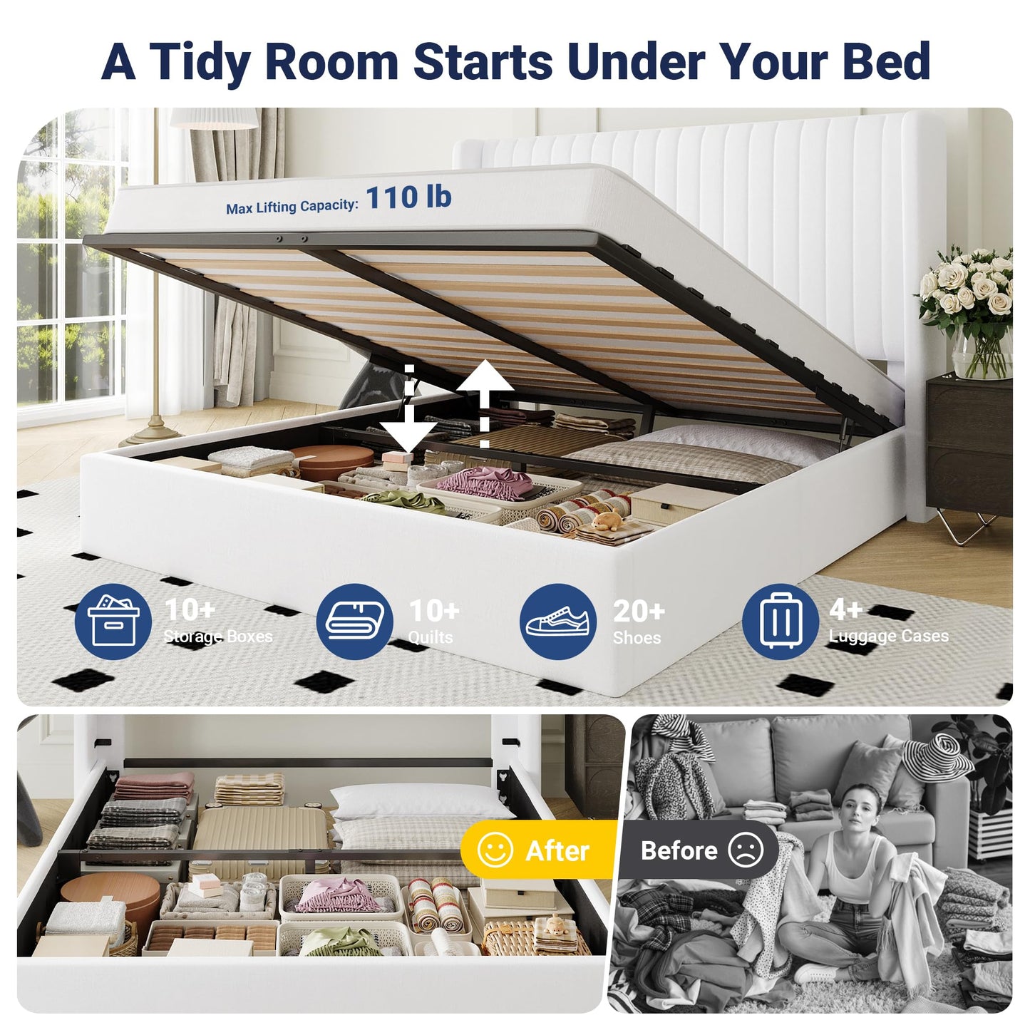 Allewie Queen Size Lift Up Storage Bed Frame, Hydraulic Support System, Upholstered Platform Bed Frame, Underneath Storage, Vertical Channel Tufted Headboard with Wingback, No Box Spring Needed, White