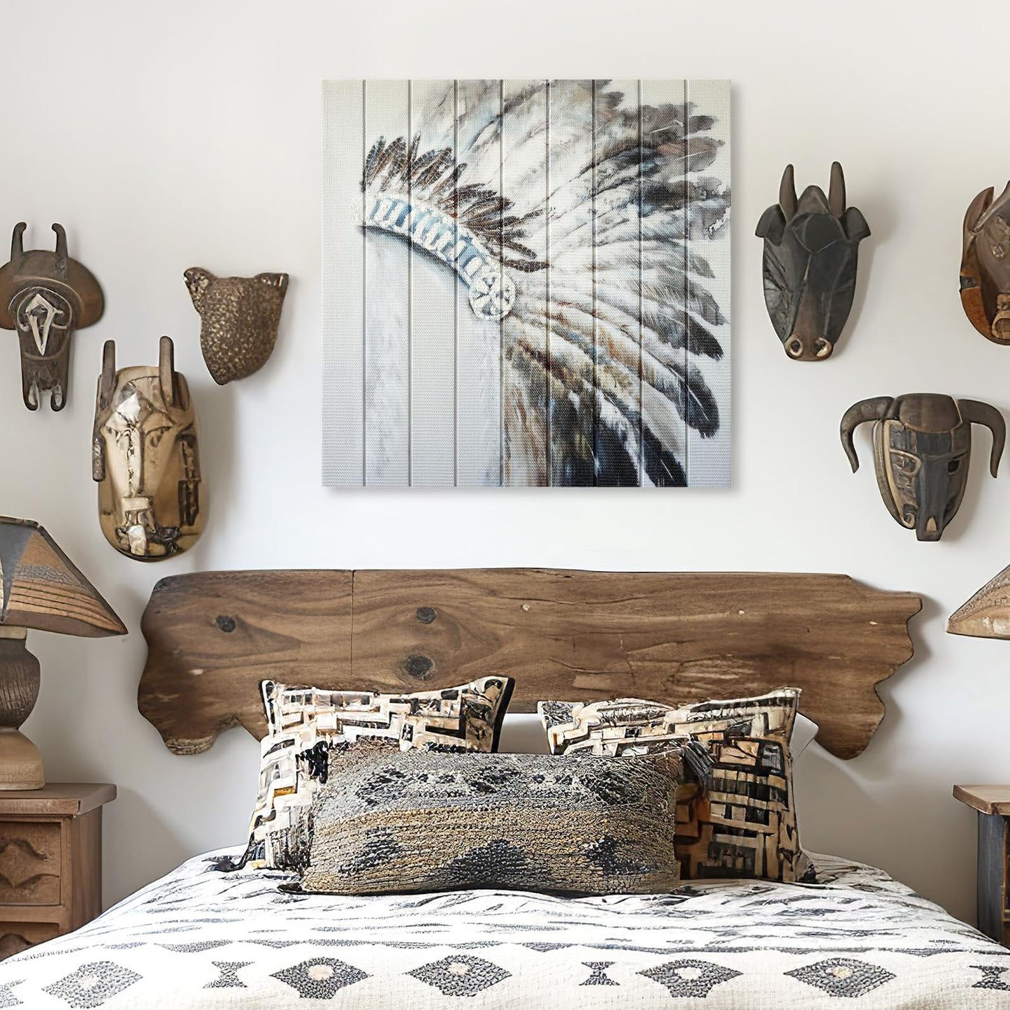 llribbons Feather Headdress Ribbon Wall Art Boho Wall Decor Handmade Ribbon Canvas Painting Modern 3D Woven Unique Textured Prints for Living Room Bedroom Bathroom Office Kitchen Home Decor 20" x 20"