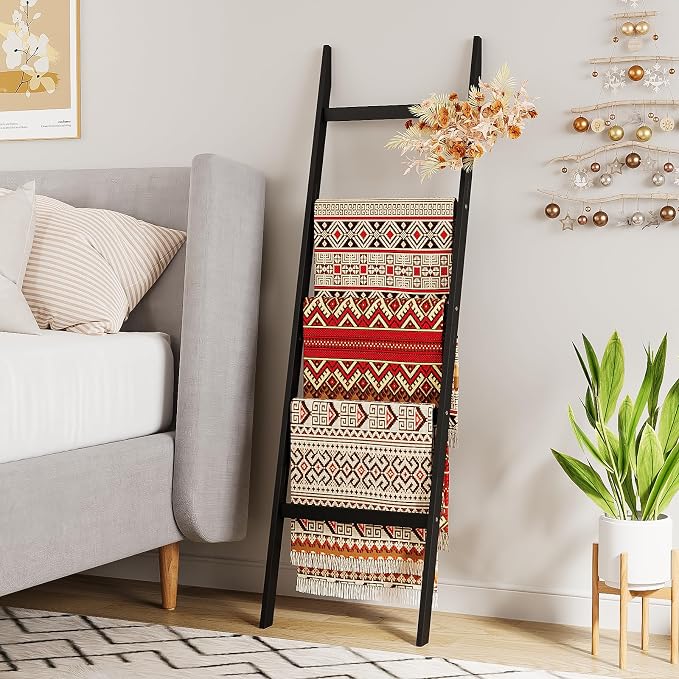 Blanket Ladder Towel Racks For Bathroom 5 Layers Towel Holder 100% Bamboo Wood Sturdy Construction No Need Wall Drilling Quilt Scarf Storage Solution Decorative Leaning Shelf for Living Room (Black)