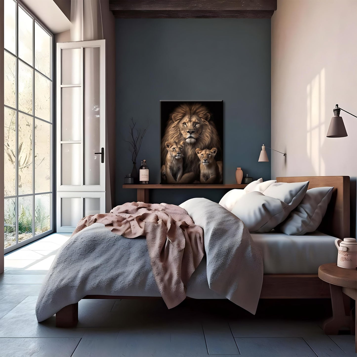 Eysintum Framed Lion Wall Art Lion Family with Cubs Canvas Print Wildlife Animal Painting for Living Room Bedroom Office Home Decor Ready to Hang 12x16in