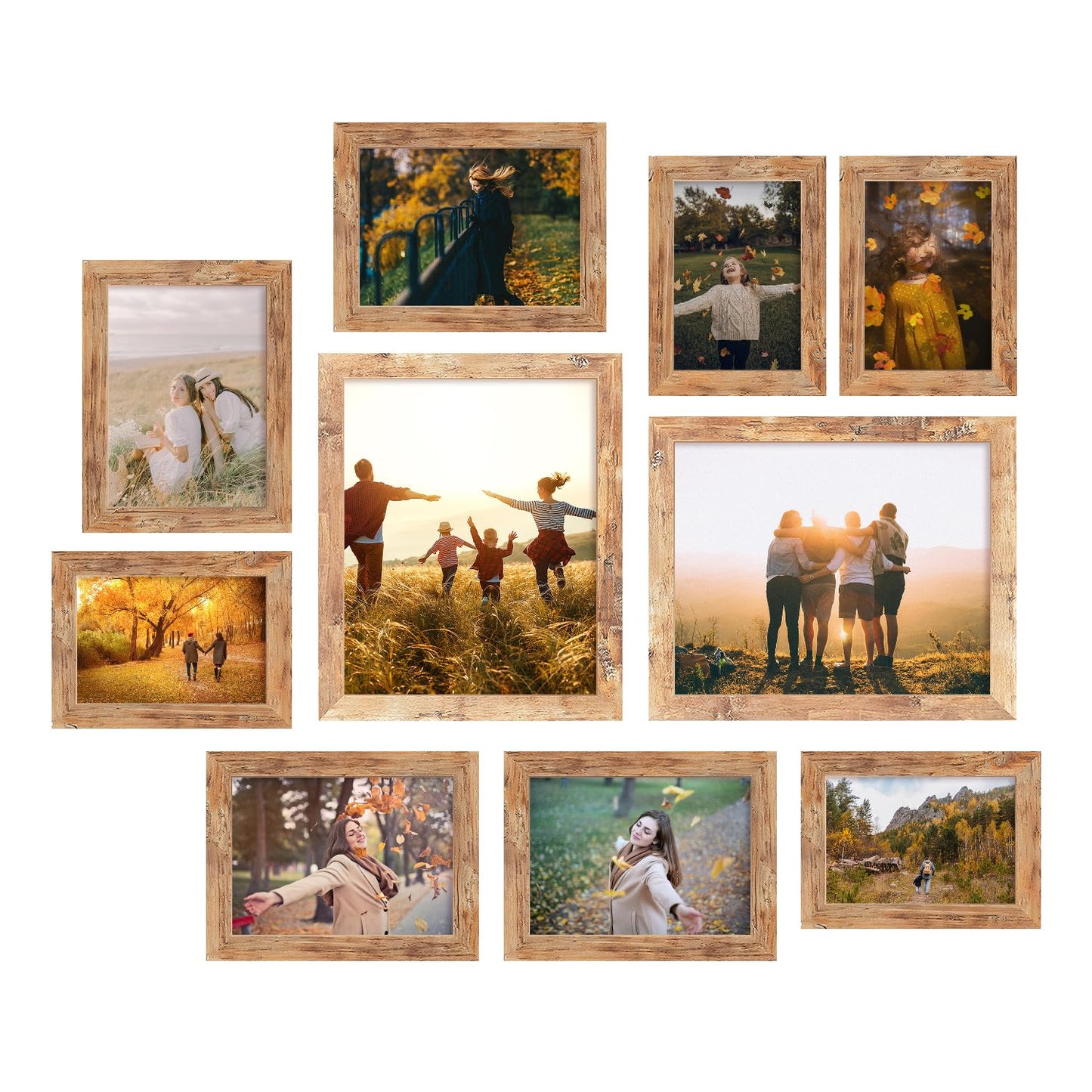 iRahmen Collage Picture Frames Set of 10, Wall Decor for Mounting or Tabletop Display, Family Photo Gallery Frame Set - Multi Sizes Including Two 8x10, Four 5x7, Four 4x6, HD Glass, Rustic Wood