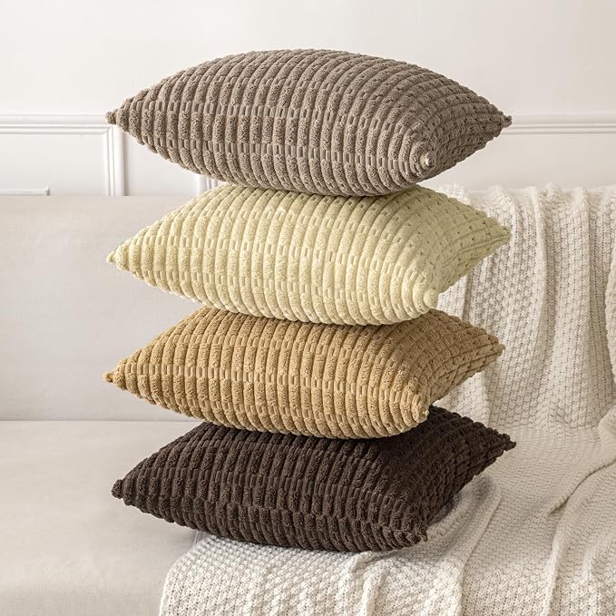 MIULEE Pack of 2 Corduroy Decorative Throw Pillow Covers 16x16 Inch Soft Boho Striped Pillow Covers Modern Farmhouse Home Decor for Sofa Living Room Couch Bed Beige