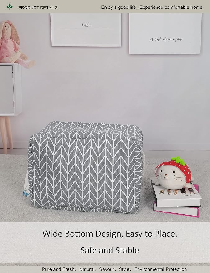 Thick Collapsible Rectangular Storage Bin with Cotton Rope Handles,Grey Chevron Fabric Organizer for Bedroom,Closet,Bathroom (Grey Chevron)