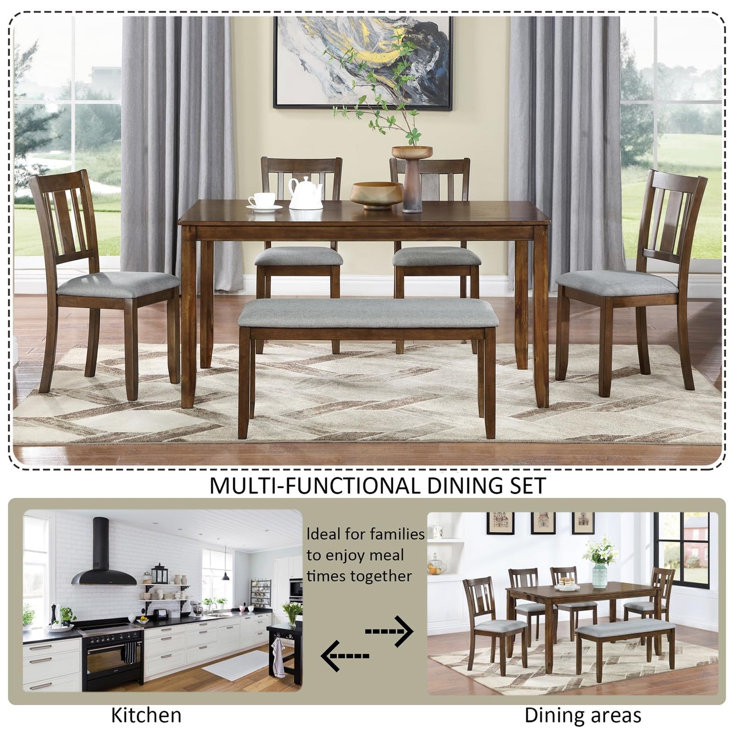 KEIKI 6-Piece Standard Height Dining Table Set with Rectangular Table, 4 Upholstered Slatted Backrset Chair, Bench, for 6 Person, Modern Table Set, Easy Assembly, for Kitchen, Dining Room, Walnut