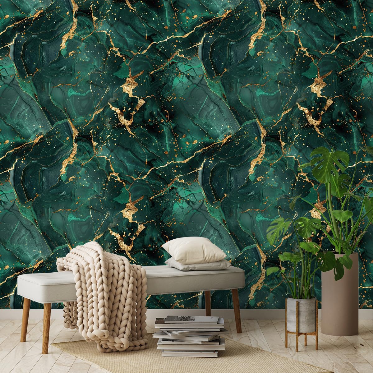 COKCOKR Emerald Gold Marble Art Wallpaper 17.71"x118.1"Vinyl Waterproof Removable Self Adhesive Contact Paper Aesthetic Wallpaper for Bathroom Countertops, Kitchen, Bedroom Background Walls