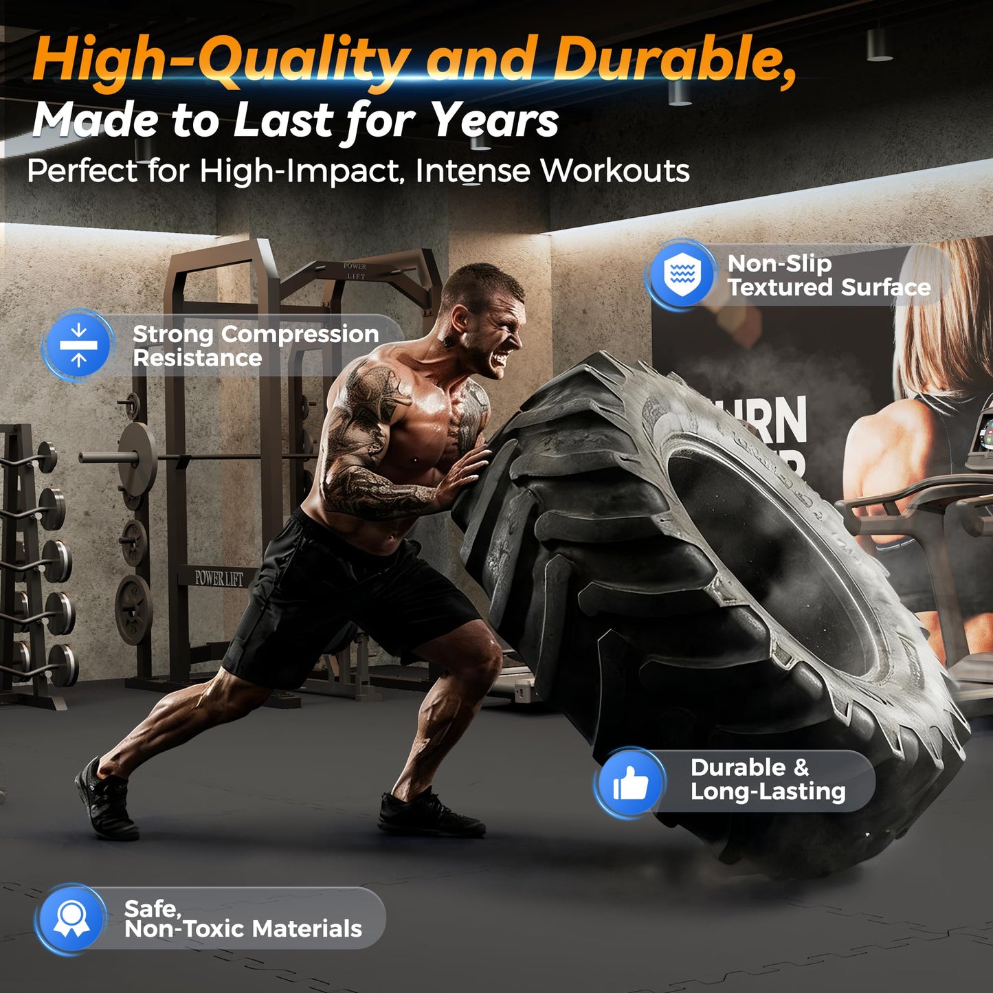 SUPERJARE 1" Extra-Thick Rubber Top Exercise Mat, Puzzle Gym Flooring for Home Gym, Gym Mat for Workout Equipment, Interlocking Floor Tiles with EVA Foam, 48 Pcs 192 Sq Ft, Black