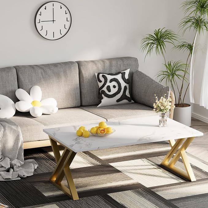 Wolawu Coffee Table Living Room Table White Center Table, Simple Modern Faux Marble Rectangular Tea Tables with Sturdy Gold Metal Frame,Industrial Wooden Coffee Table for Bedroom Home Office