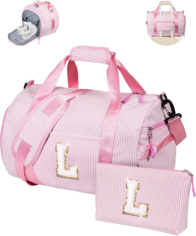 Girly Cute Stuff, Girl Gym Bag, Kids Initial Overnight Duffel Bags with Shoe Compartment, Personalized Travel Bag with Makeup Pouch, Niece Daughter Sister Birthday Gift (Letter L)