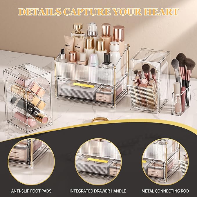 Modular Makeup Organizer, Clear Acrylic Cosmetic Storage Box with Drawer, Vanity Countertop Organizer for Makeup, Skincare and Beauty Accessories – Multiple Styles