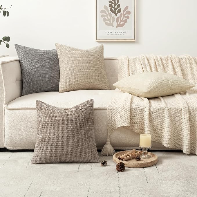 MIULEE Pack of 4 Couch Throw Pillow Covers 22x22 Inch Neutral Beige/Brown Soft Decorative Chenille Pillow Covers Farmhouse Accent Cushion Covers for Boho Spring Home Decor Sofa Bedroom Living Room
