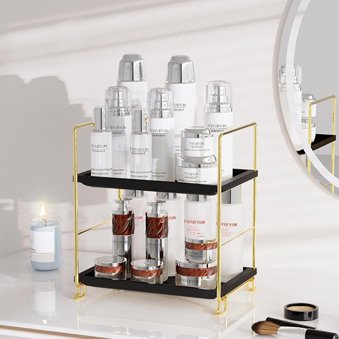 FSyueyun 2-Tier Bathroom Countertop Organizer, Tool-Less Installation Premium Plastics Makeup Shelf Organizer Perfume Skincare for Dresser Vanity Tray Organizers and Storage (Gold & Black)