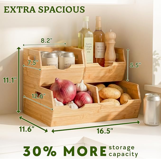 HOMESTEAD Extra Large Bamboo Pantry Storage Bins – 30% Larger, Stackable Potato Onion Storage Bin, Large Pantry Organizers and Storage, Produce Vegetable Organizer, Set of 3