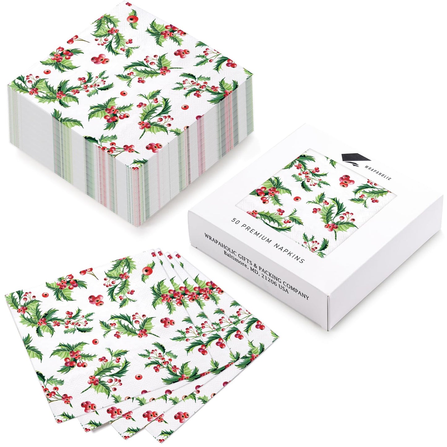 WRAPAHOLIC 50Pcs Christmas Paper Napkins - 3 Ply Xmas Holly Mistletoe Disposable Cocktail Napkin for Christmas Party Supplies Tableware - 5 x 5 In