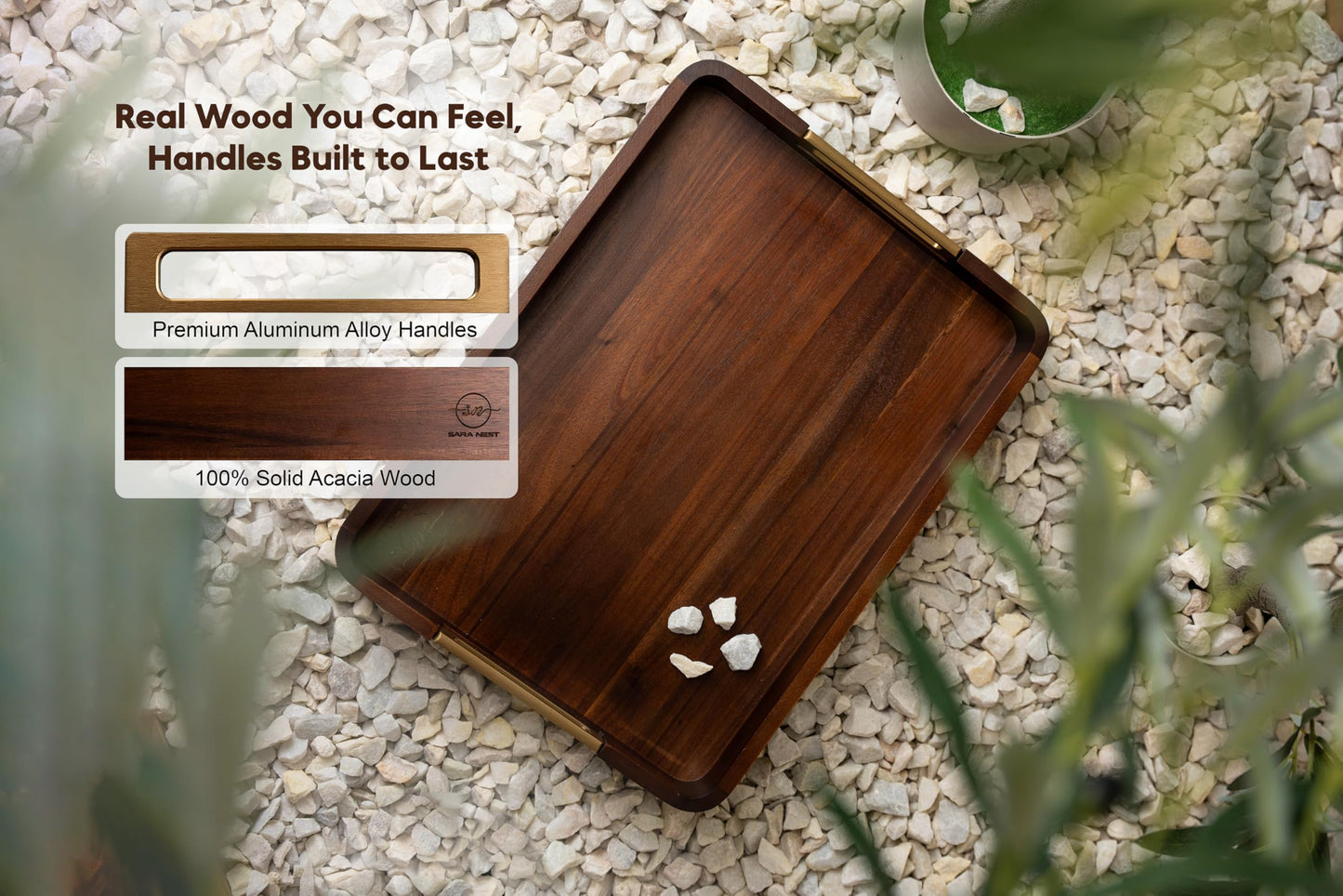 Premium 17.5 x 13 Inch Acacia Wood Serving Tray with Metal Handles – Large Ottoman Coffee Table Centerpiece for Bed, Couch & Patio – Rustic Wood Trays Home Decor for Breakfast, Drinks & Gifts