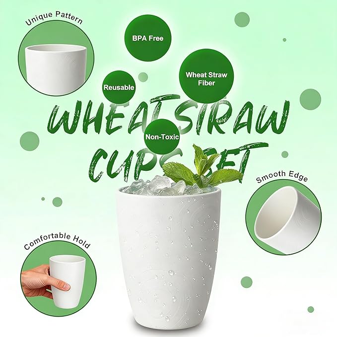 Wheat Straw Cups 6 PCS, Unbreakable 16 OZ Tumbler Set, Lightweight Glass Cups with Unique Pattern, Reusable Alternative to Plastic Cups, Dishwasher Safe Tumbler for Kitchen, Camping, White