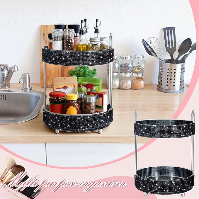 Honeydak 360 Rotating Perfume Organizer Gift for Women, Rhinestone Preppy Skincare Organizer Bathroom Counter Makeup Holder Skincare and Perfume Storage for Cosmetic(2 Tiers,Resin Diamond,Black)