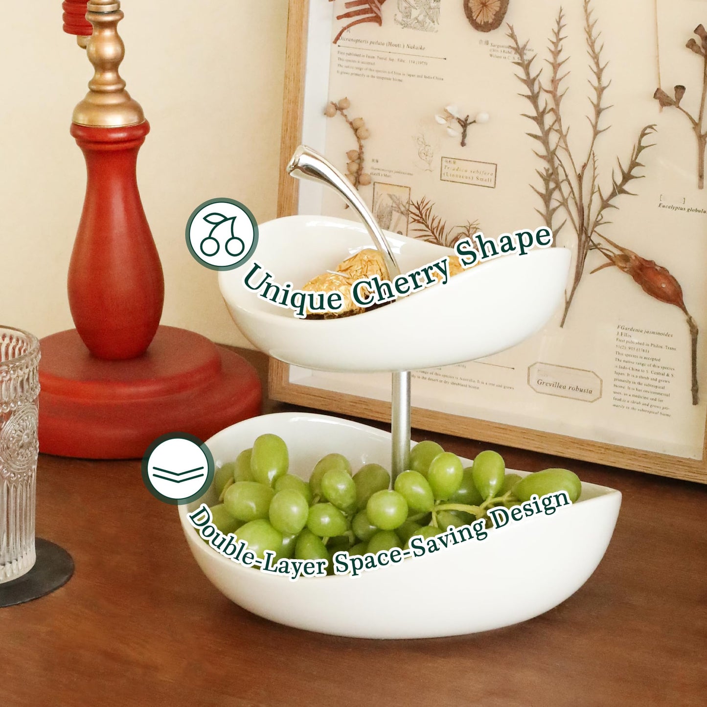 SEVEN SPARTA Double Layer Cherry-Shaped Ceramic Fruit Bowl, 2-Tier Countertop Fruit Basket for Kitchen, Modern Decorative Serving Platter for Fruits, Snacks, Candies (White)
